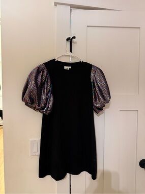 QUEEN OF SPARKLES Black Dress with Iridescent Puff Sleeves